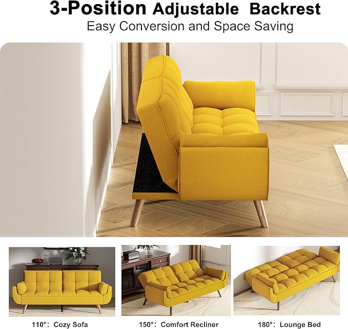 Futon Couch for Small Spaces & Apartment, 2-in-1Modern Comfy Loveseat Convertible Sofa Bed, 75.4-Inch Compact Design for Living Room, Dorms, and Studios-Yellow