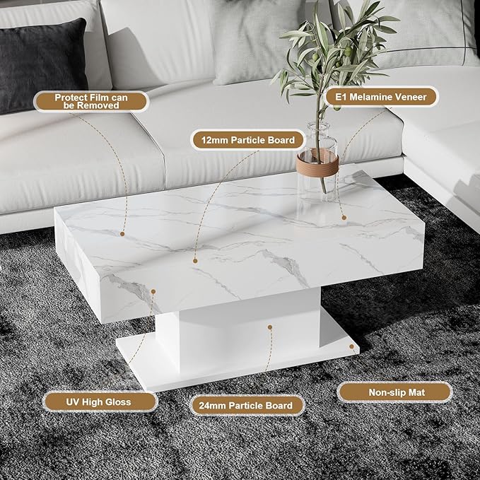 Led Coffee Table for Living Room, Living Room Table Rectangular Center Table, Modern High Glossy Wooden Coffee Tables with 16 Colors LED Lights for Dining Reception Room, White Marble