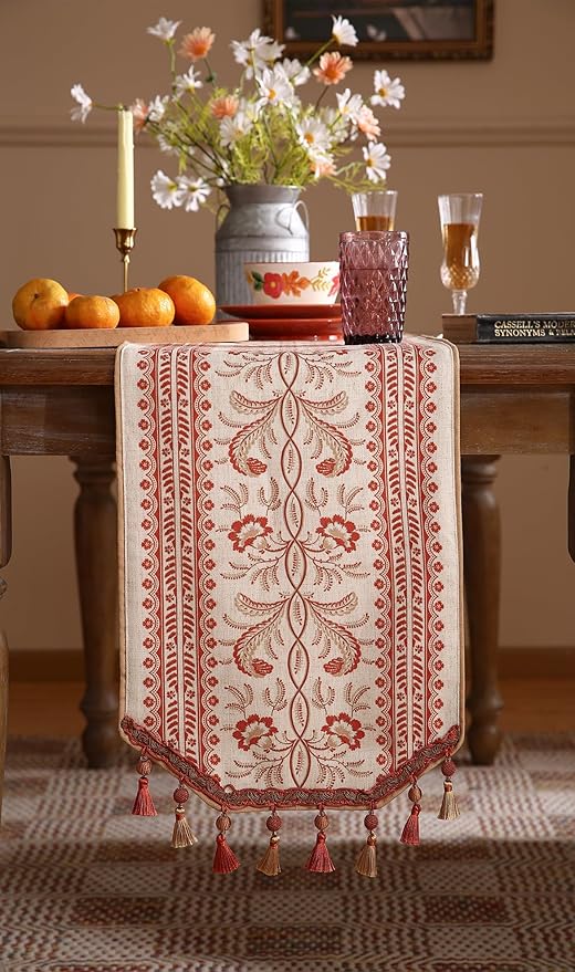 ISAENNE Designer Vintage Linen Table Runner 102 Inches Long,Red Floral Pattern Modern Decor Table Runners for Dining Tables,Thanksgiving,Kitchen Tables,Christmas,Banquet,12"*102"-Chamonix A