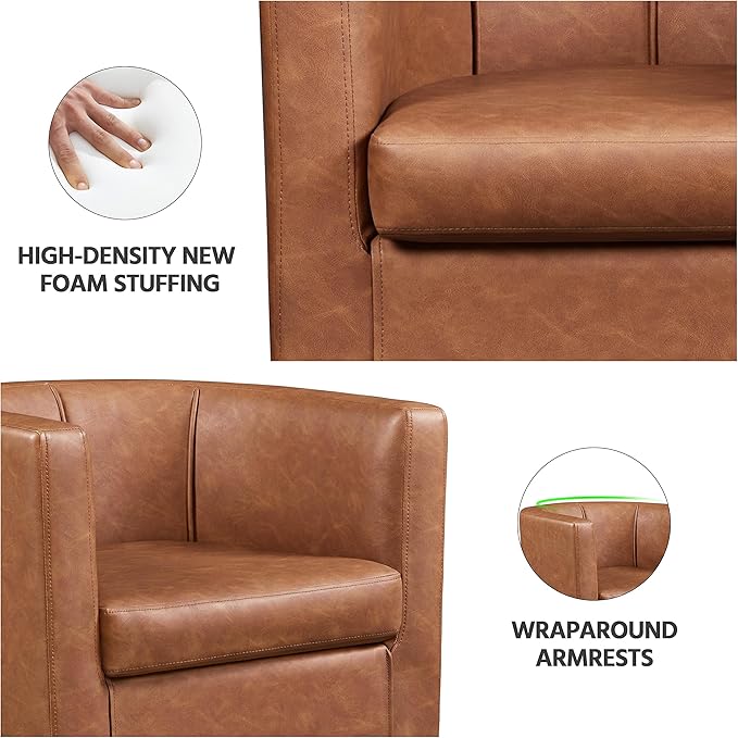 Yaheetech Accent Chair, PU Leather, Modern and Comfortable Armchairs, Upholstered Barrel Sofa Chair for Living Room Bedroom Waiting Room, Brown