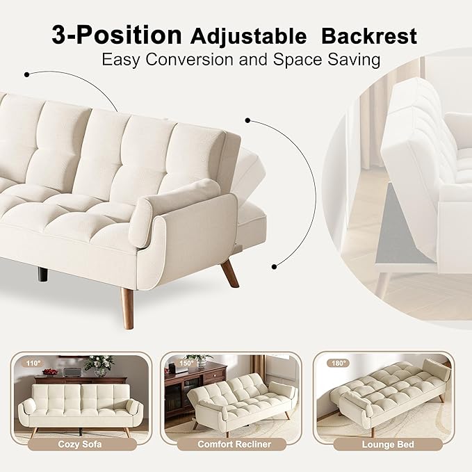 Futon Couch for Small Spaces & Apartment, 2-in-1Modern Comfy Loveseat Convertible Sofa Bed, 75.4-Inch Compact Design for Living Room, Dorms, and Studios-Ivory