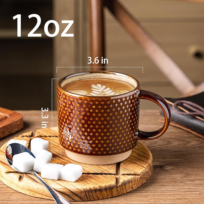 GBHOME 12 OZ Stackable Coffee Mugs, Ceramic Coffee Cups with Texture Patterns for Man,Woman,Dad,Mom, Modern Mugs Set of 4 for Latte/Cappuccino/Cocoa. Dishwasher&Microwave Safe