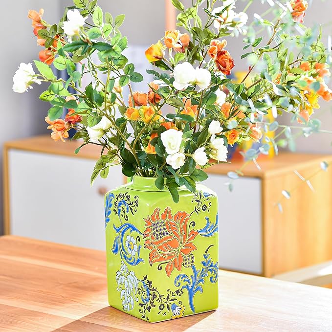 Sungmor Decorative Ceramic Ginger Jar with Lid, Square Ceramic Storage Jar Tea Canister, 8.2" Hand Painted Floral Pattern Porcelain Vase for Table Centerpiece, Green Glazed Ginger Jar for Home Decor