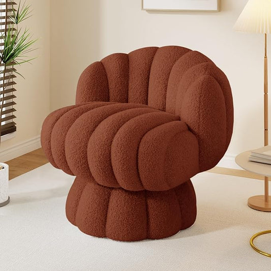 Mid Century Modern 360 Degree Barrel Swivel Accent Vanity Chair,Fluffy Sherpa Fabric Lounge Wide Upholstered Pumpkin Reading Chair, Round Cloud Armchair for Living Room,Bedroom,Vanity(Burnt Orange)