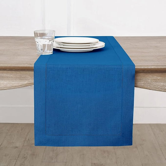 Solino Home Linen Indigo Blue Table Runner 72 Inches Long - 100% Pure Linen Hemstitch Table Runner 14 x 72 Inch for Dresser, Dining, Fall, Autumn, Halloween, Christmas - Classic Hemstitch
