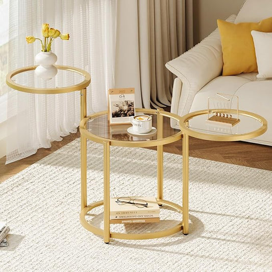 Round Glass Coffee Table - 4 Tier Coffee Tables for Living Room with Rotating Top, Circle Coffee Table with Storage, Modern Clear Center Table with Metal Frame for Small Space, Office, Gold