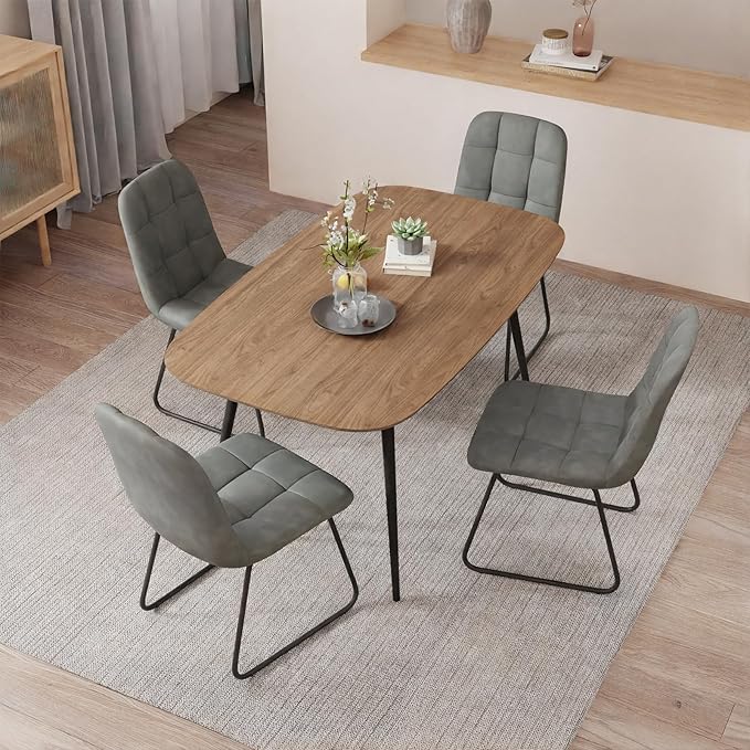 47.2'' Dining Table Set for 4,Modern Wood Dining Table,Leather Dining Chairs 4,Table and Chairs Set of 4,Ideal for Kitchen Dining Room (Walnut Color Table + 4 U-Shaped Gray Chairs, 47.2")