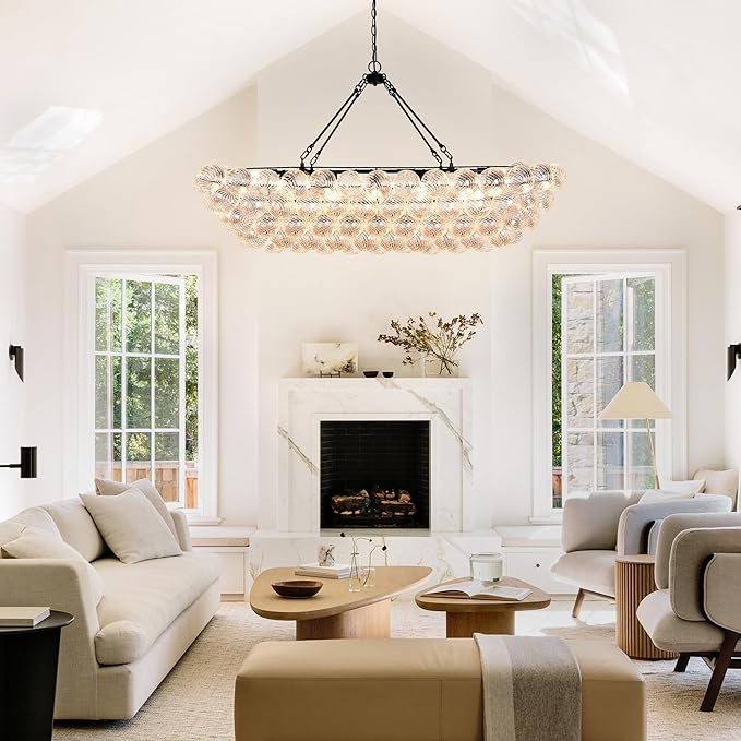 Modern Glass Chandelier Luxury Bubble Chandelier Black Clear Blown Glass Large Pendant Light for Dining Room, Living Room, Foyer, Staircase Dia 55"