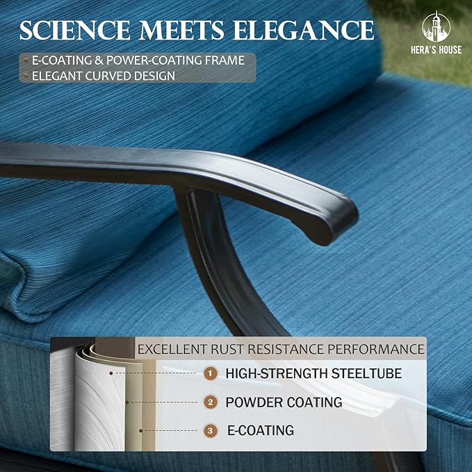 HERA'S HOUSE 6 Piece Patio Furniture Set, 2 x Swivel Cushioned Chair, 2 x Cushioned Ottoman, 1 x 3-Seat Sofa with Marbling Coffee Table, Outdoor Conversation Set for Lawn Garden Backyard, Pacific Blue