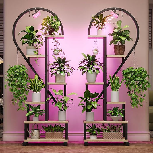 Bestier Plant Stand Indoor with Grow Lights, 6 Tiered Metal Plant Shelf for Indoor Plants Multiple, Half Heart Shape Plant Rack with Wheels, Large Plant Holder for Home Patio Balcony (2 Pcs, Oak)