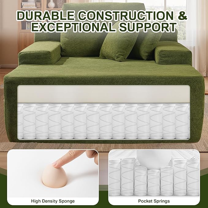 Chaise Lounge Chair Indoor, 67" Oversized Comfy Cloud Velvet Sleeper Sofa Bed, Boneless Upholstered Recliner Bed with Pillows and Wide Armrests, Modern Cloud Couch for Living Room, Green