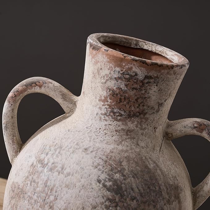 SIDUCAL Rustic Ceramic Farmhouse Flower Vase with 2 Handles, Whitewashed Terra Cotta Vase, Decorative Pottery Flower for Home Decor, Table, Living Room, Shelf Decor, 7.3 Inch, Terra