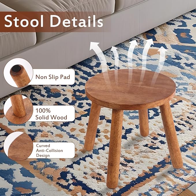 Round Solid Wooden Step Stool Garden Stool 15.8''H Plant Stool Wood Legs Detachable for Plant Stand, Kitchen, Bathroom Bedroom Livingroom (Walnut, 15.8inch)