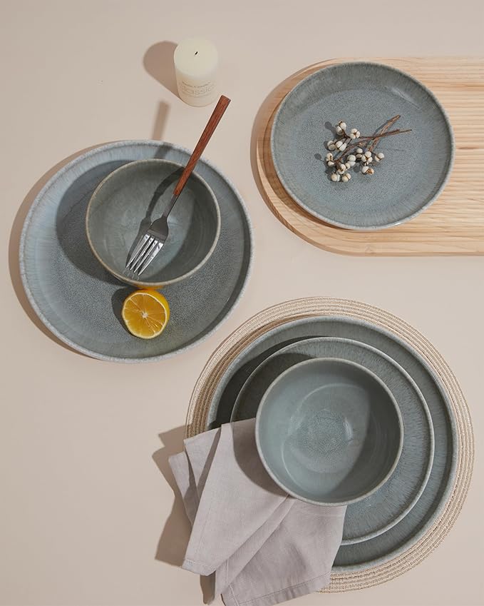 24 Piece Dinnerware Sets for 8, Modern Stoneware Plates and Bowls Sets, Perfect for Family Gatherings & Holiday Celebrations, Easy Cleaning Dishes, Stack Compactly Plate Set, Gradient Green