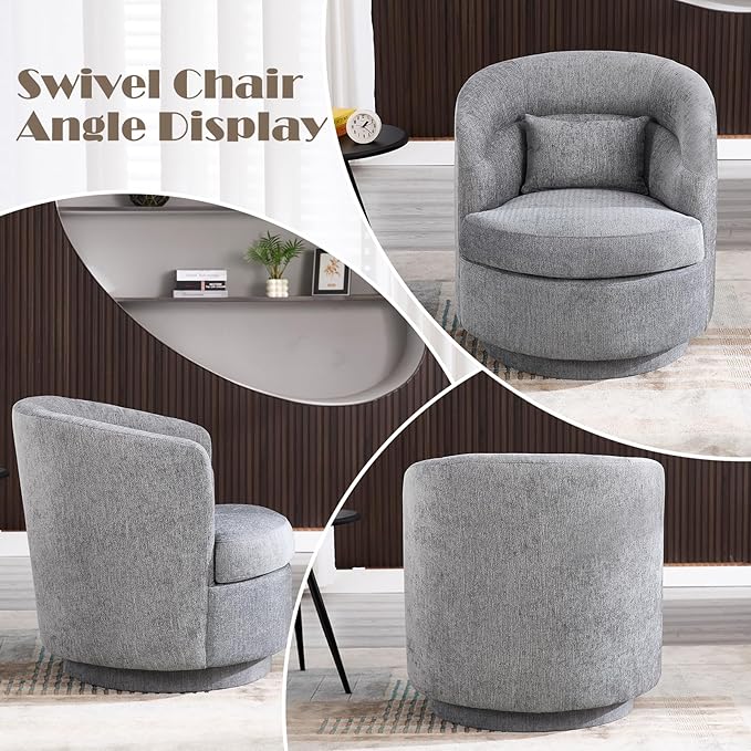 CANMOV Swivel Barrel Chair Set of 2,Modern Round Accent Arm Chairs, Swivel Accent Chair with Pillow, Upholstered Comfy 360 Degree Swivel Single Circle Club Sofa Chair for Living Room Bedroom,Dark Grey