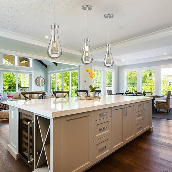 Raindrop Pendant Lights Kitchen Island Teardrop Chrome Hanging Light Fixtures Clear Solid Glass Pendant Light Modern Chandeliers for Dining Room Porch Corridor Living Room…