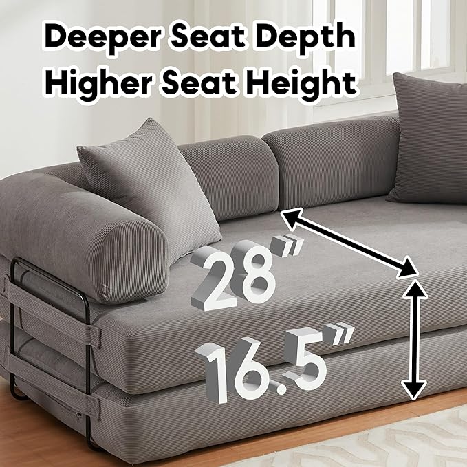 Convertible Sleeper Sofa Bed with Cylindrical Pillow, Corduroy Folding Mattress Couch with Fixed-Shape Frame, Floor Sofa Lounge Couch for Living Room Bedroom Lounge Studio-Grey