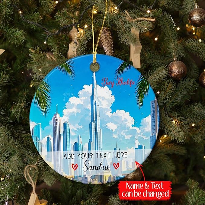 Burj Khalifa Ceramic Christmas Ornament Custom Text/Name, Personalized Burj Khalifa Tower Ornament Xmas Keepsake, Dubai Skyline Christmas Tree Hanging Ornaments, Dubai City in UAE Xmas Ornaments
