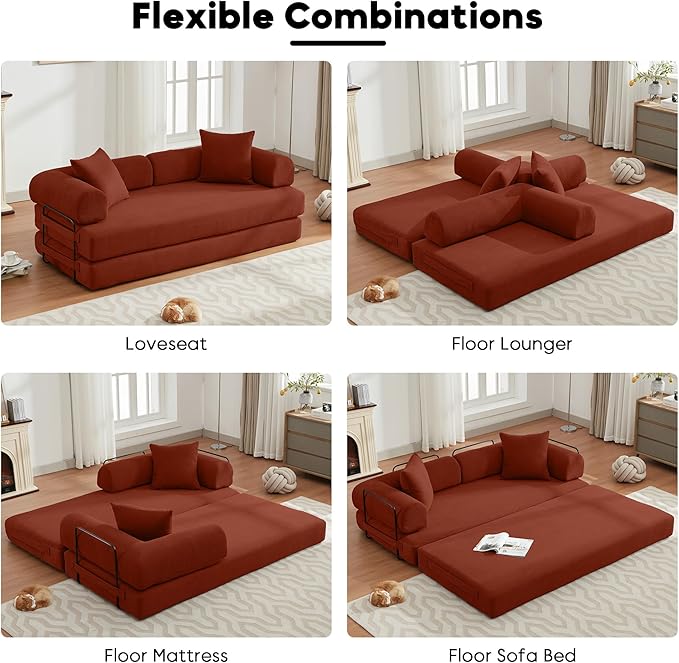 Convertible Sleeper Sofa Bed with Cylindrical Pillow, Corduroy Folding Boneless Couch with Fixed-Shape Frame, Floor Sofa Lounge Couch for Living Room Bedroom Lounge Studio-Ancora Red