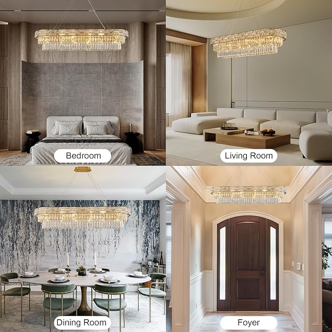 Crystal Chandeliers, 49.2" 18-Light Gold Chandelier for Dining Room, Rectangular Chandelier for Kitchen, Living Room Chandeliers, Island Lights Hanging Lights Dimmable