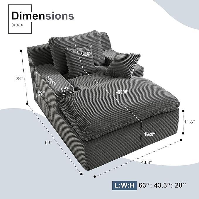 63" Oversized Chaise Lounge Chair Indoor, Extra Cloud Layer, Convertible Sleeper Sofa Couch with Removable Pillows & Side Pockets, Corduroy Upholstered Sofa Bed with Armrests for Living Room, Grey