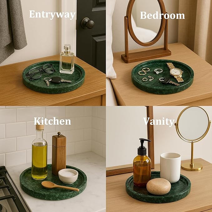 Round Marble Vanity Tray - Diameter 7.87" Natural Green Stone Tray for Bathroom Perfume Jewelry Makeup - Decorative Marble Catchall Dish for Vanity Countertop Organizer
