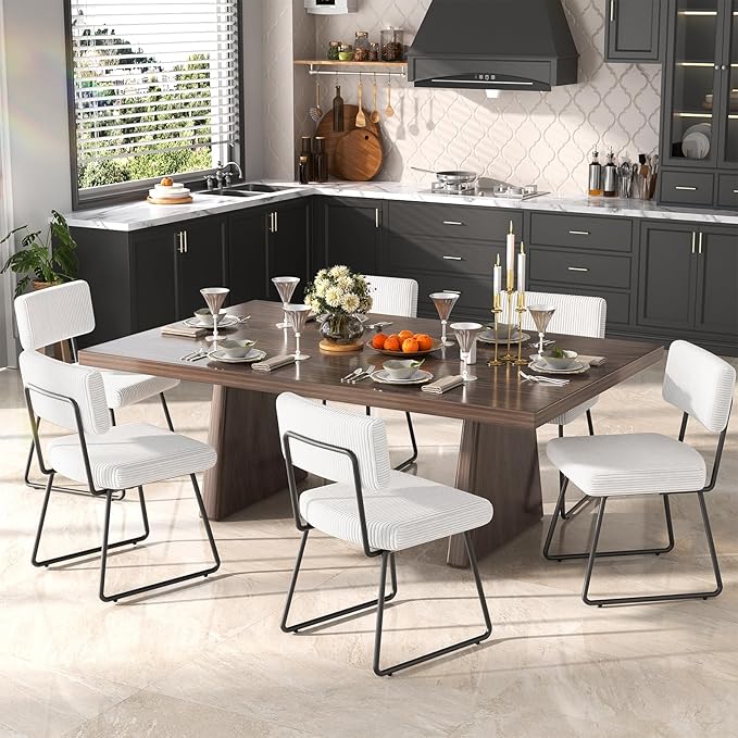 Velvet Dining Chairs Set of 6, Upholstered Dining Room Kitchen Chair with Thick Cushion, Soft Backrest, Metal Legs, Mid Century Modern Accent Side Chair for Home Living Room Bedroom, White