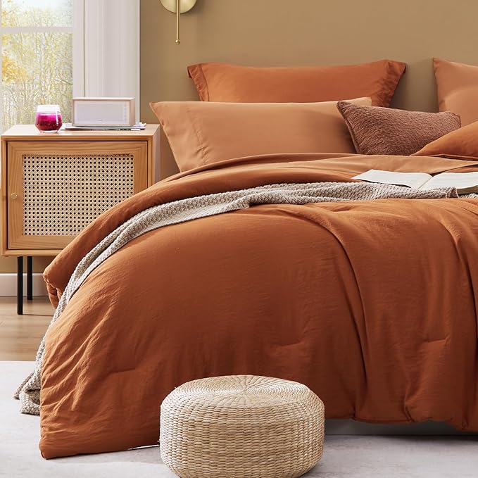 WRENSONGE Oversized Queen Comforter Set - 7 Pieces Burnt Orange Bed in a Bag Queen with Sheets, 2 Pillow Shams, and 2 Pillowcases- Warm Bedding Sets Queen for All Season