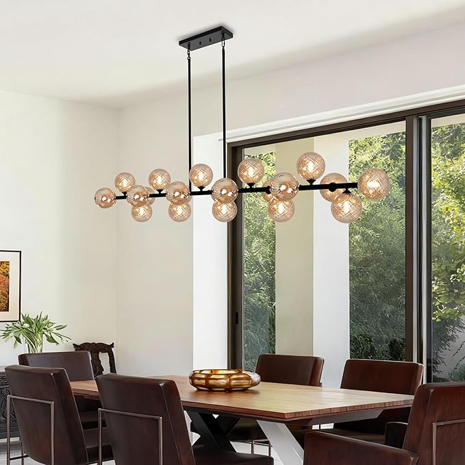 Modern Linear Chandelier 22-Lights Linear Sputnik Chandelier with Amber Striped Glass Shade 70 Inch Long Chandeliers for Dining Room, Living Room, Kitchen Island, Farmhouse