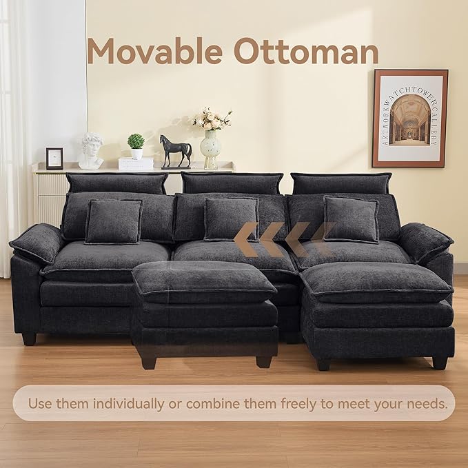 103'' Cloud Modern 3 Seater Couch with Detachable Headrest, Modular Sectional Sofa with Ottoman, Oversized L Shape Chenille Comfy Sofa with Armrests for Living Room, Dark Grey