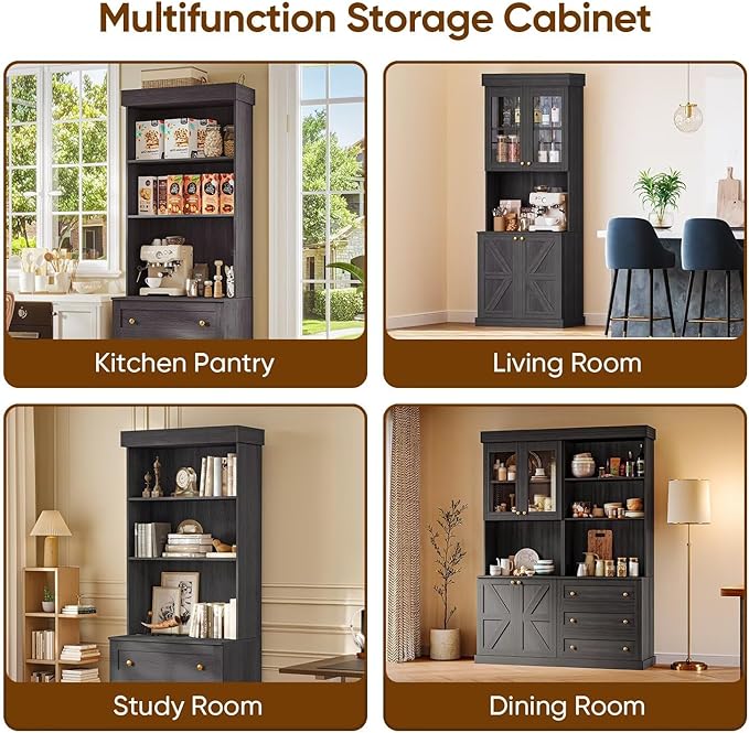 71" Farmhouse Kitchen Pantry Cabinet Set of 2 with Drawers, Black Freestanding Coffee Bar Hutch with Microwave Stand, Large Storage Cabinet with Adjustable Shelves for Kitchen, Living Room