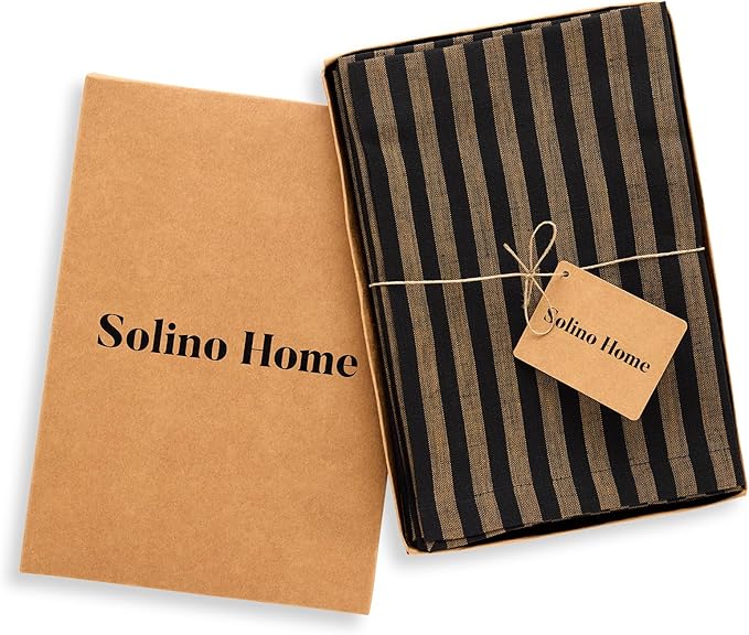 Solino Home Linen Napkins Set of 4-100% Pure Linen Amalfi Stripe Brown Sugar and Black Cloth Dinner Napkins 20 x 20 Inch for Fall, Autumn, Thanksgiving - Handcrafted and Machine Washable