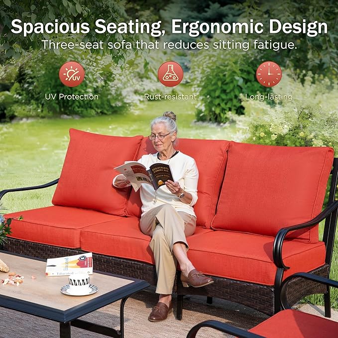 PHI VILLA Outdoor Modern Patio Furniture Set, Upgraded Wicker&Metal Patio Furniture Conversation Set with Waterproof Thick Cushions for Porch, Poolside, Deck, and Yard (5 Pieces,Red)