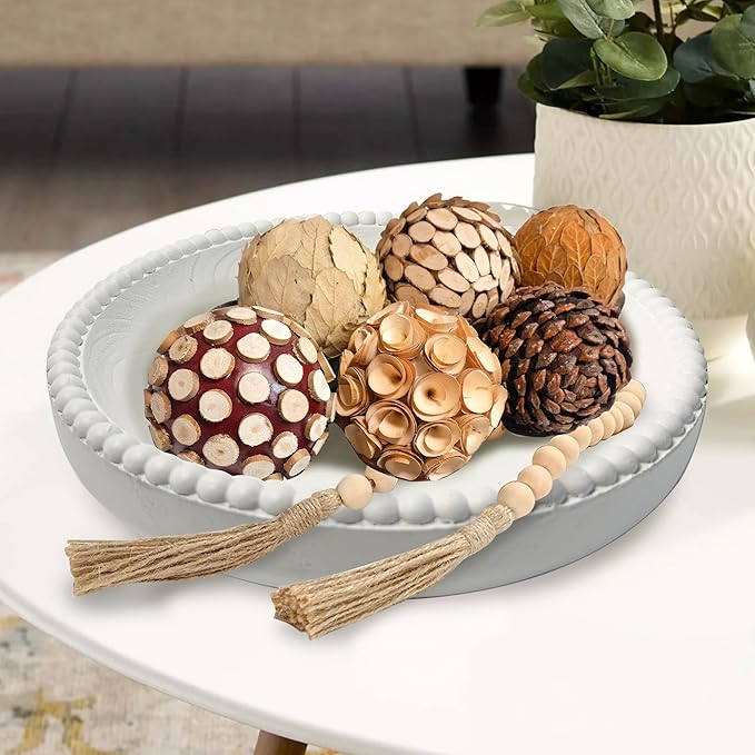Beaded Wood Decorative Bowl, 10.63" Farmhouse Wooden Bowl White Wash Decorative Tray for Home Decor