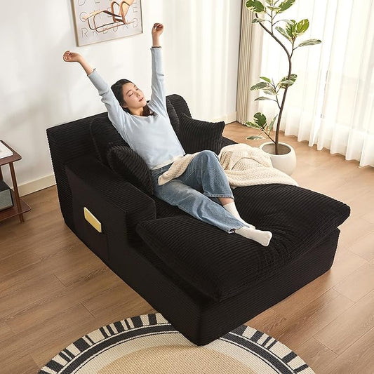 63" Oversized Chaise Lounge Chair Indoor, Extra Cloud Layer, Convertible Sleeper Sofa Couch with Removable Pillows & Side Pockets, Corduroy Upholstered Sofa Bed with Armrests for Living Room, Black