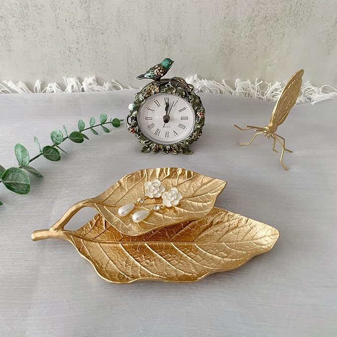 Jewelry Dish, Metal Trinket Dish Leaf Shaped Ring Holder Jewelry Organizer Vanity Dish Tray for Dresser Christmas Birthday Wedding Gifts Double Mango Leaves