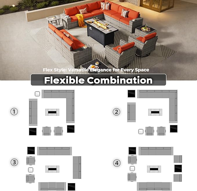 ovios 16 Pieces Patio Furniture Set, Outdoor Wicker Sectional Sofa with 54" Fire Pit Table Swivel Chairs, Modern Modular Deep Seat Rattan Couch Conversation Sets, Orange Red