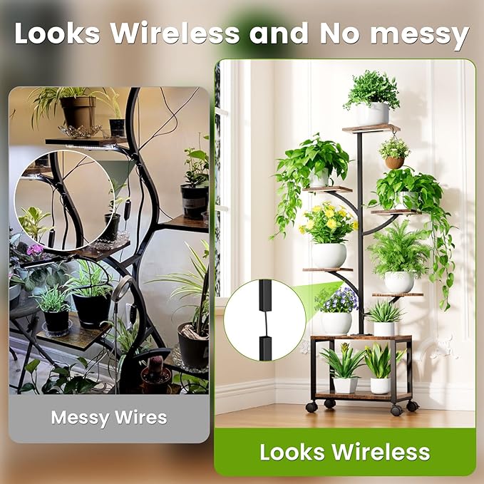 Plant Stand Indoor with Grow Lights & Wheels, 60" Tall 7-Tiered Mobile Corner Plant Shelf for Indoor Plants, Metal Tree-Shaped Plant Rack for Living Room, Patio, Balcony, Black
