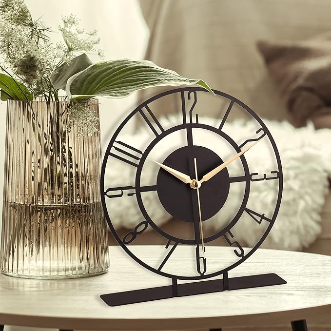 Metal Table Clock | 8.9 x 9.5 inch Size Round Silent Running Metal Black Clocks | Living Room and Bedside Suitable Table Decorations for Home and Office