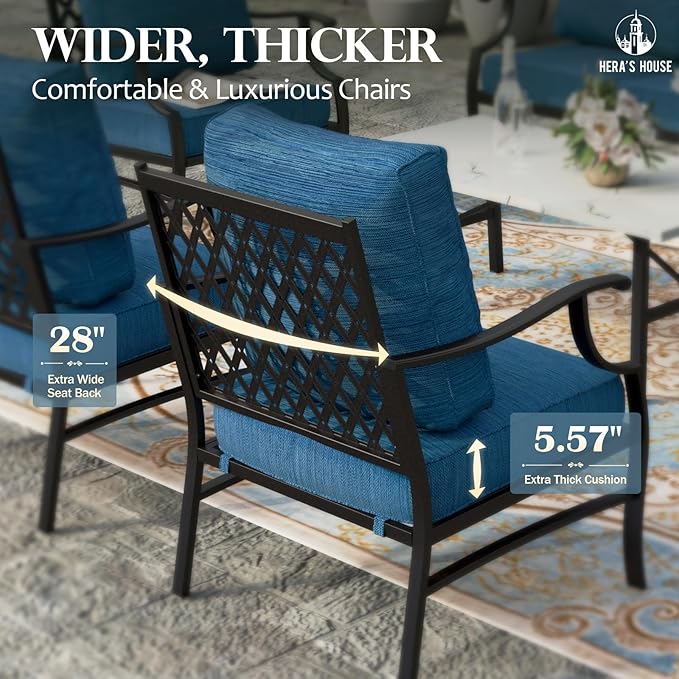 HERA'S HOUSE 6 Piece Patio Furniture Set, 2 x Metal Cushioned Chair, 2 x Cushioned Ottoman, 1 x 3-Seat Sofa with Marbling Coffee Table, Outdoor Conversation Set for Lawn Garden Backyard, Pacific Blue