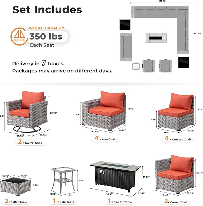 ovios 16 Pieces Patio Furniture Set, Outdoor Wicker Sectional Sofa with 54" Fire Pit Table Swivel Chairs, Modern Modular Deep Seat Rattan Couch Conversation Sets, Orange Red