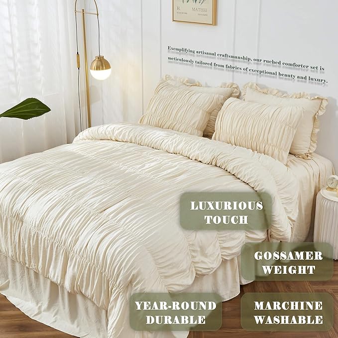 Queen Comforter Set - Ruched Comforter Queen Size Bed Set Boho Shabby Chic Bedding for Bedroom Comforter Fluffy 3 Piece Ruffle Comforter Set with Pillow White Bedding Soft