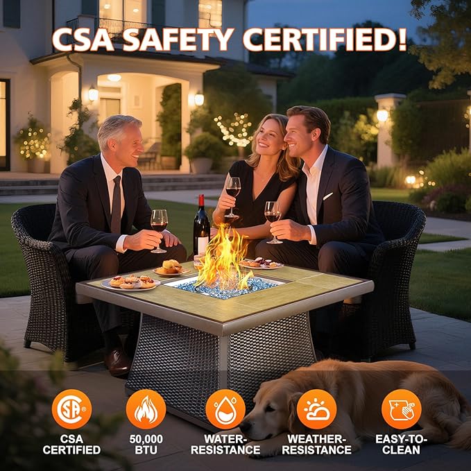 42" Propane Fire Pit Table, Patio Dining Fire Pit Table, 50,000BTU CSA Certified, Tile, Aluminum, & Wicker Details, with Lid&Wind Guard, Outdoor Fire Pit Accessories Included, for Garden, Yard