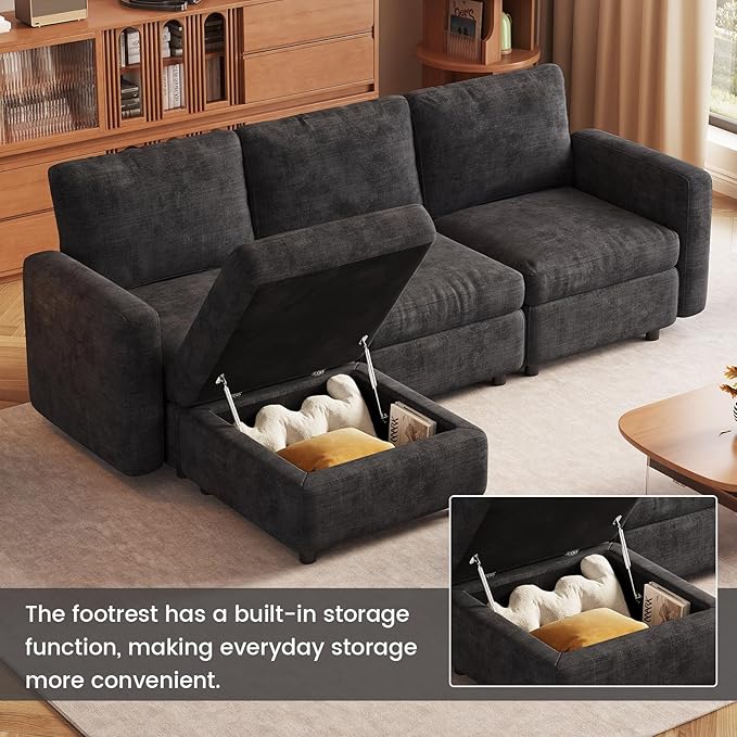 4-Seat Modular Sectional Sofa with 3 Storage Ottomans, Oversized Deep L-Shaped Couch for Living Room, Grey Velvet Family Sofa Set, Modern Apartment Loveseat Sleeper with Extra Comfy Seating