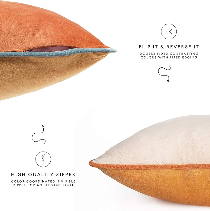 MONDAY MOOSE Decorative Throw Pillow Covers Cushion Cases, Set of 4 Soft Velvet Modern Double-Sided Designs, Mix and Match for Home Decor, Pillow Inserts Not Included (12x20 inch, Orange/Teal)