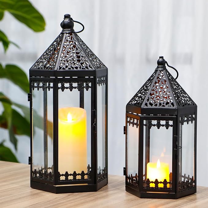 TRIROCKS Set of 2 Deacorative Candle Lantern 16'' & 12'' High Metal Candle Holder Hanging Lanterns with Tempered Glass Perfect for Indoor Outdoor Home Decor Parties Garden Events Wedding (Black)