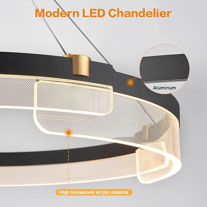 Modern LED Pendant Light Dimmable Black LED Chandelier for Dining Room Pendant Light Fixture Over Table Modern Chandelier Kitchen Island Living Room Entryway, 24 inch 3000K-6500K