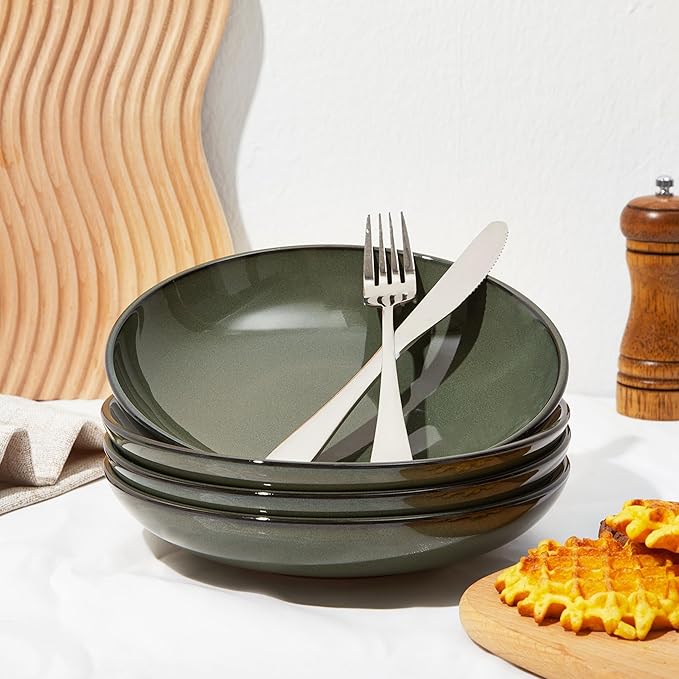 16 Piece Double Bowl Dinnerware Sets with Pasta Bowls, Highly Chip and Crack Resistant Plates and Bowls Sets, Natural Earthyware Ceramic Dishware Sets, Service for 4 Blackish Green