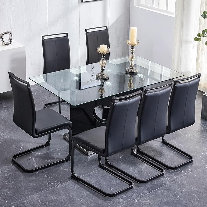 Glass Dining Room Table Set for 6,Dining Table Set for 6 with PU Leather Chairs,Retangular Dining Table with MDF Table Legs and Sliver Base for Dining Room