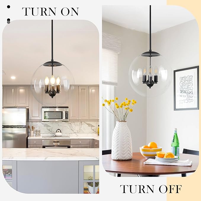 13.7" Globe Pendant Light 3-Light Black Mid Century Pendant Light Clear Glass Lights Kitchen Island Mid Century Adjustable Hanging Farmhouse Globe Fixtures for Living Room Lobby